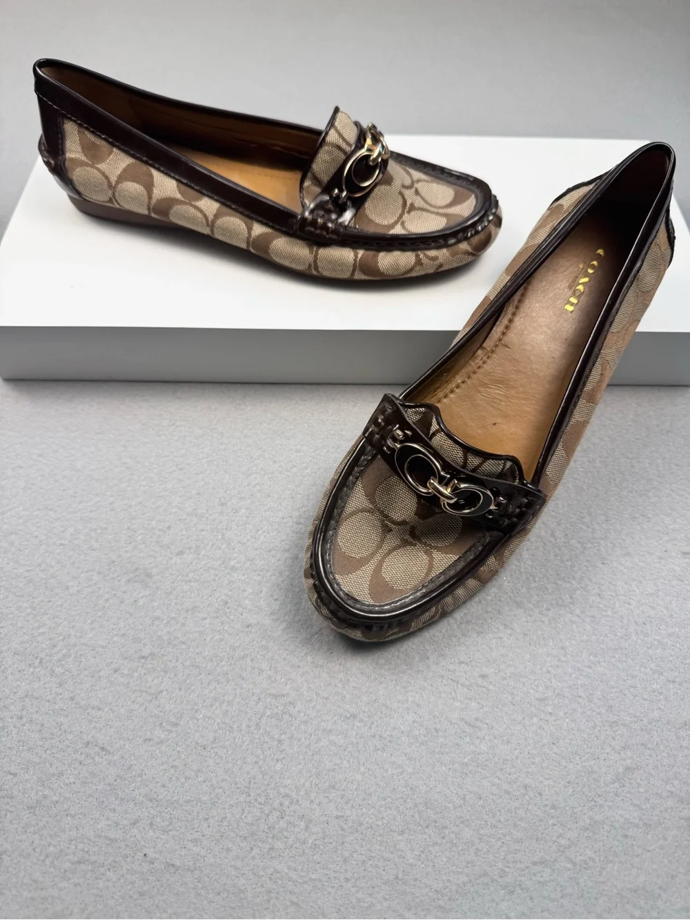 Coach Fortunata loafers with Dark Brown Trim and Gold-Tone Chain